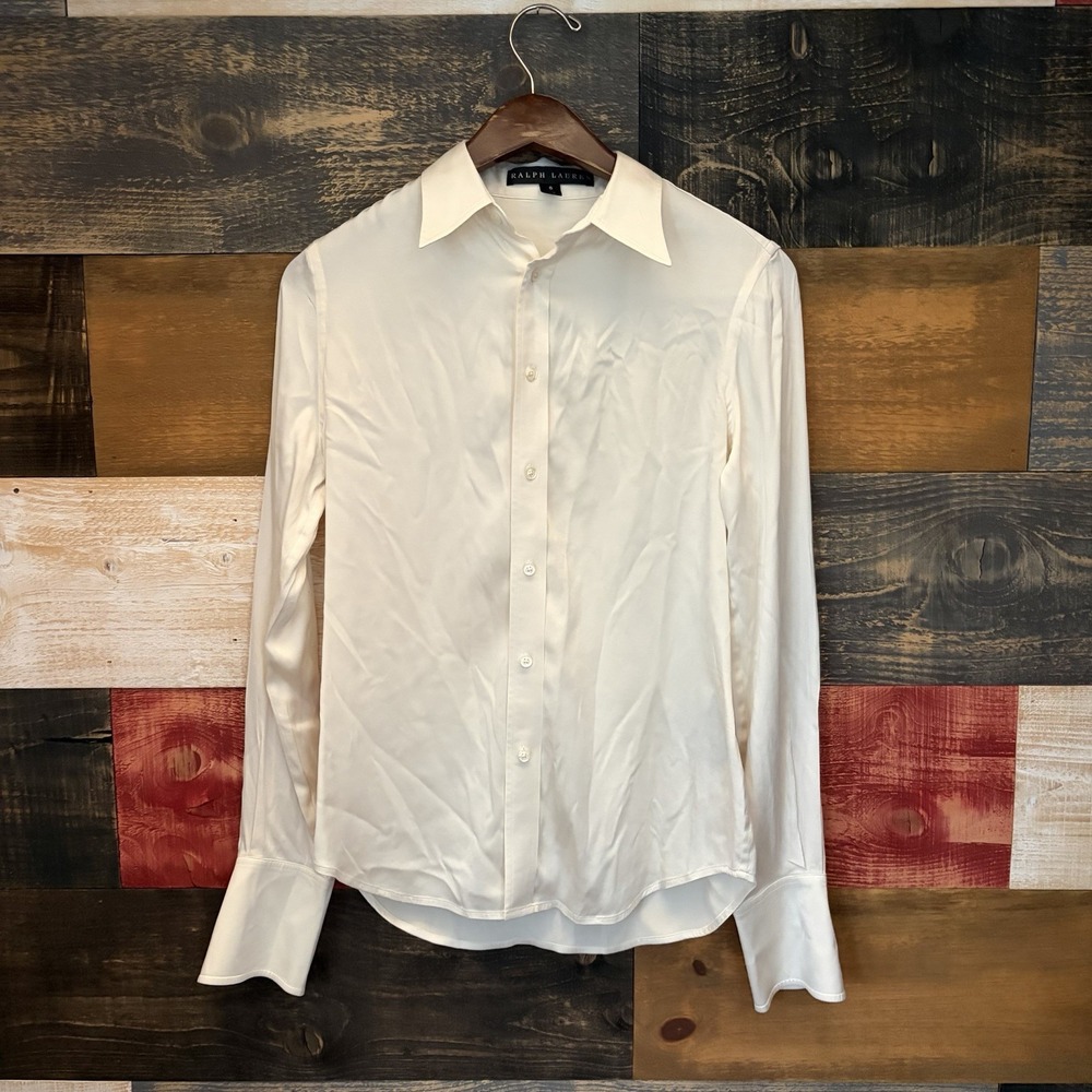 Ralph Lauren Black Label Women Ivory Silk Collar Long Sleeve Blouse Size 6